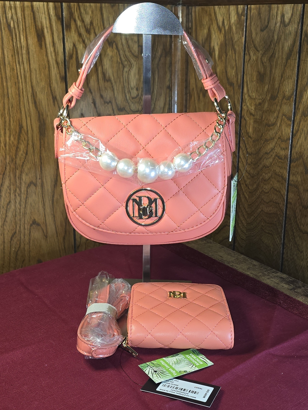 Badgley Mischka Coral Diamond-Quilted Crossbody Flap Bag/Wallet Set